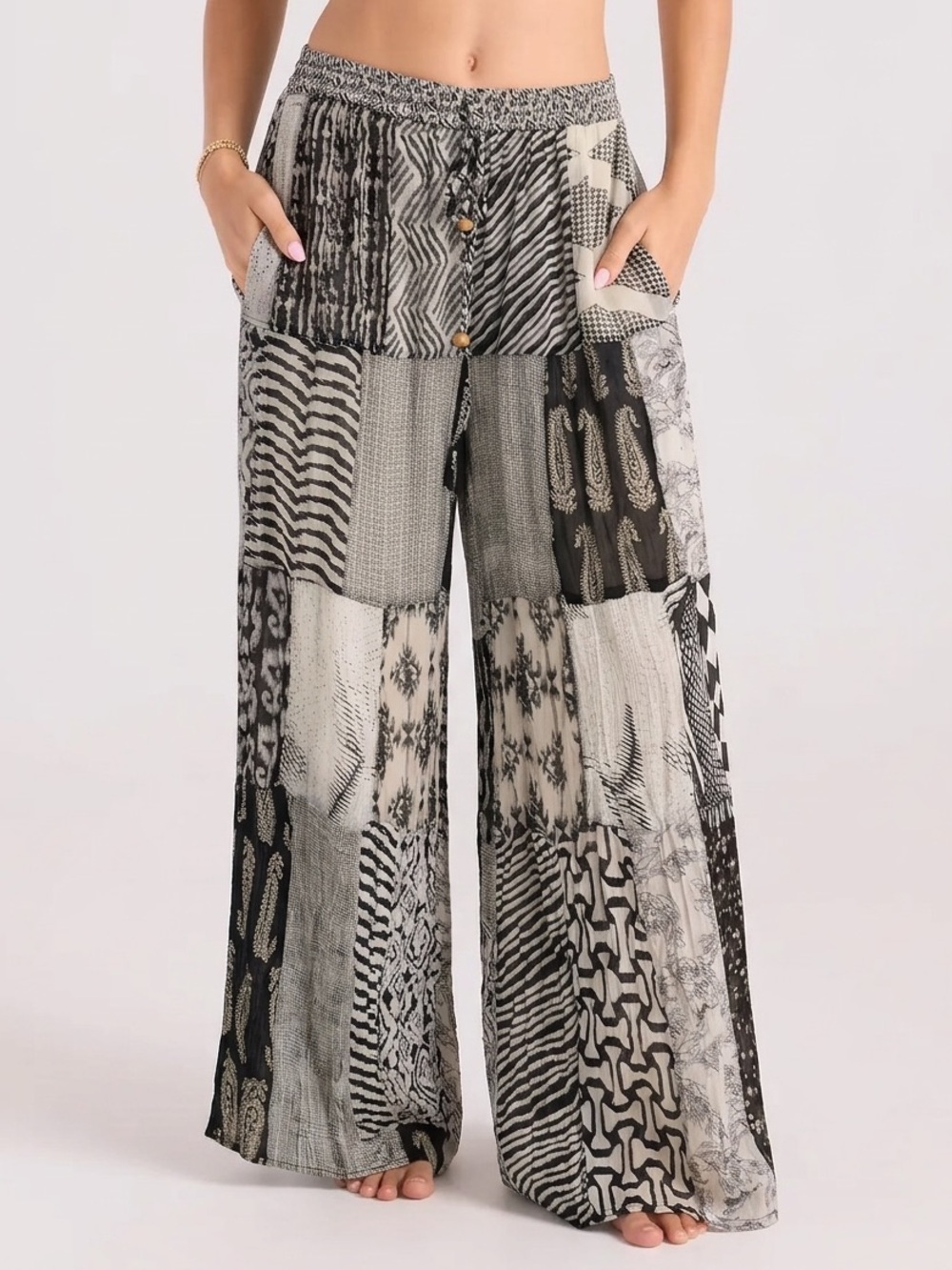 “The Rosie” Boho Patchwork Wide-Leg Pants - Black & White